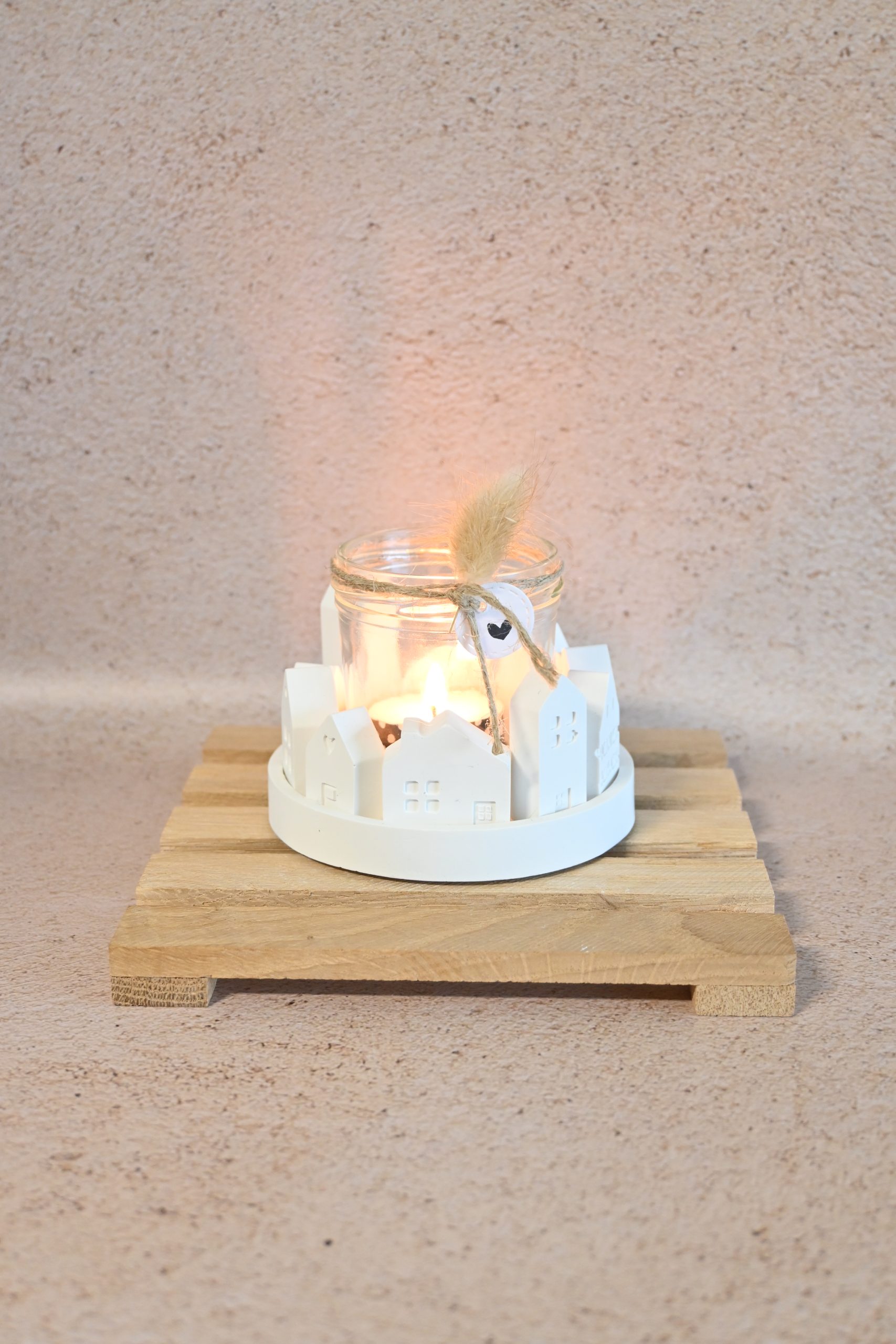 Ronde theelichthouder met huisjes